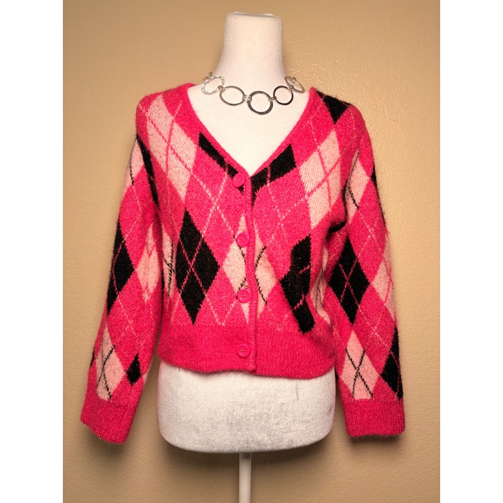 Y2K Scene H&M Divided Hot Pink Argyle Cropped Cardigan Sweater V-Neck Knit XS #9